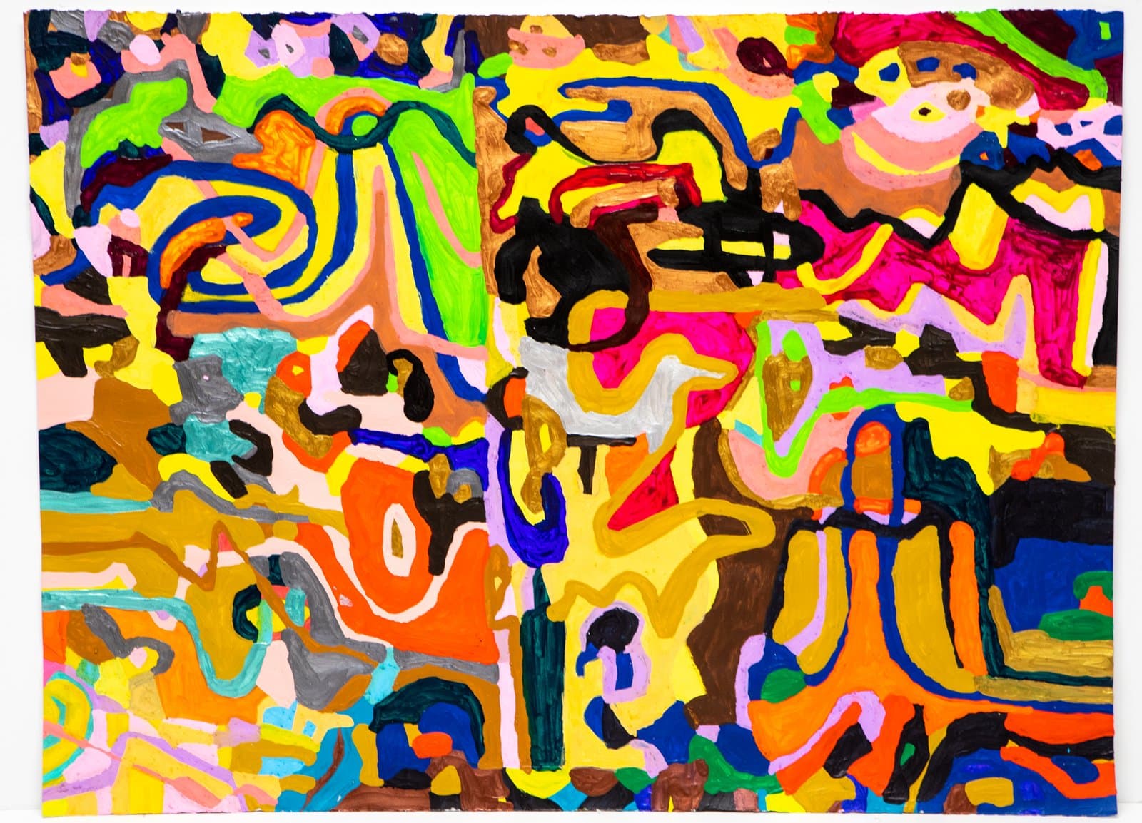 Large abstract wax pencil drawing with densely layered swirling forms in yellow, orange, pink, green, blue, and black.