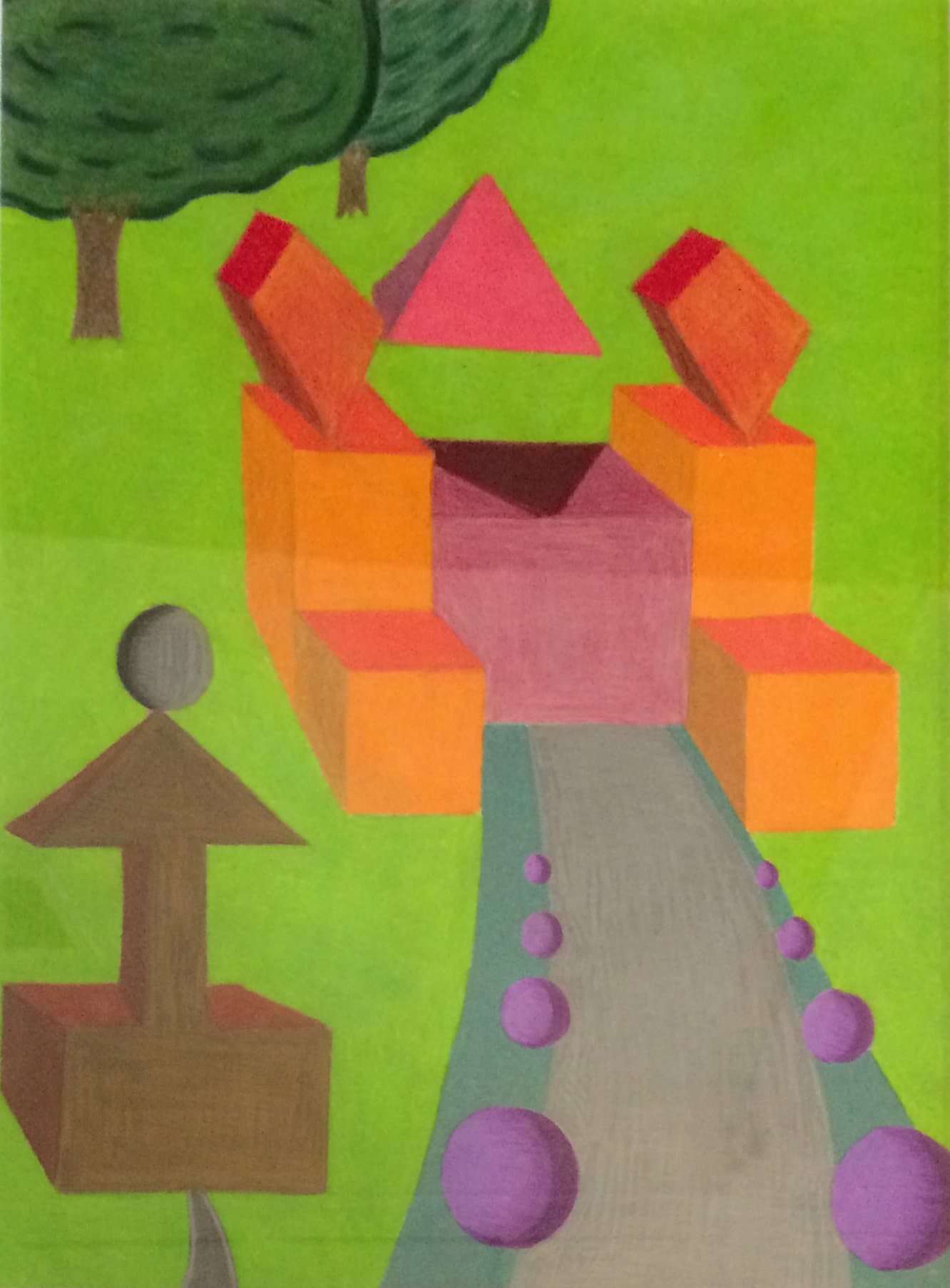 Colored pencil drawing of a geometric landscape with orange block structures, a path lined with purple spheres, and green trees.