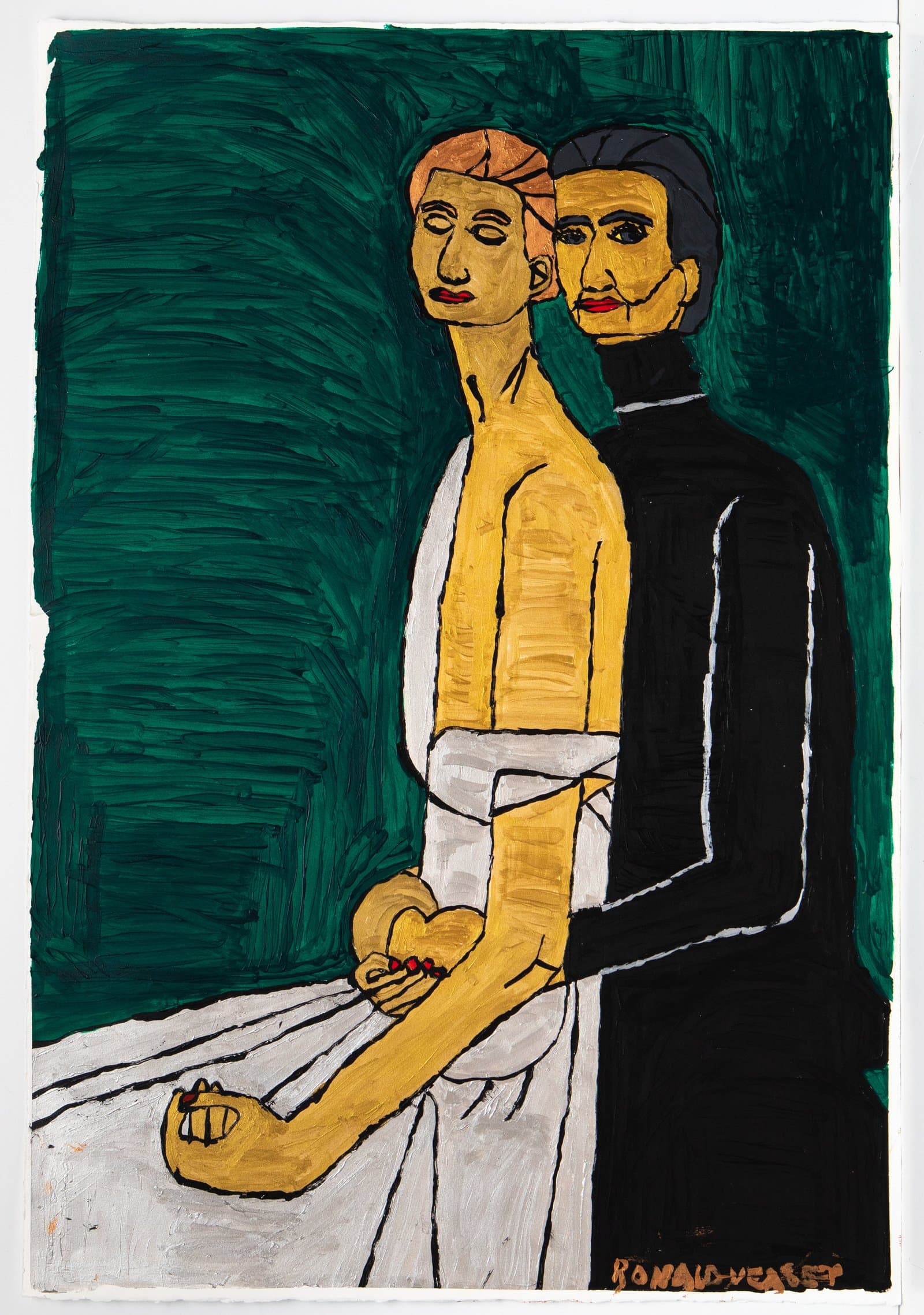 Acrylic painting of two standing figures in yellow, black, and white against a heavily brushed deep green background.
