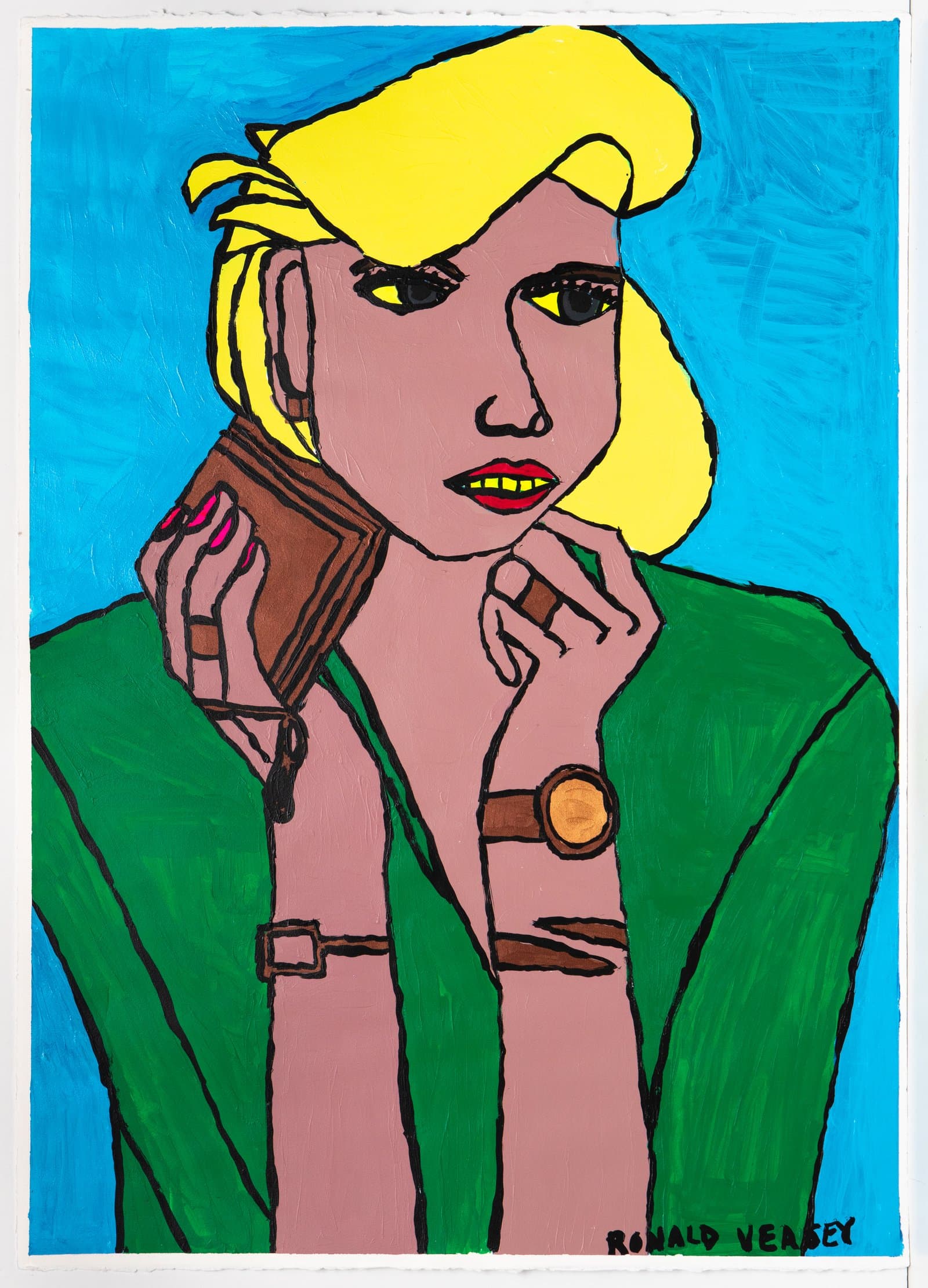 Acrylic portrait of a blonde figure in a green jacket, rendered in bold black outlines with vivid flat colors on paper.