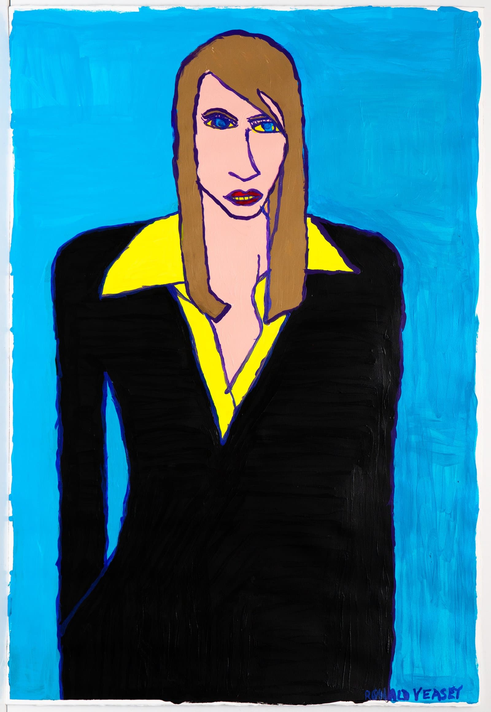 Acrylic portrait of a woman with long brown hair in a black jacket with yellow collar against a bright blue background.