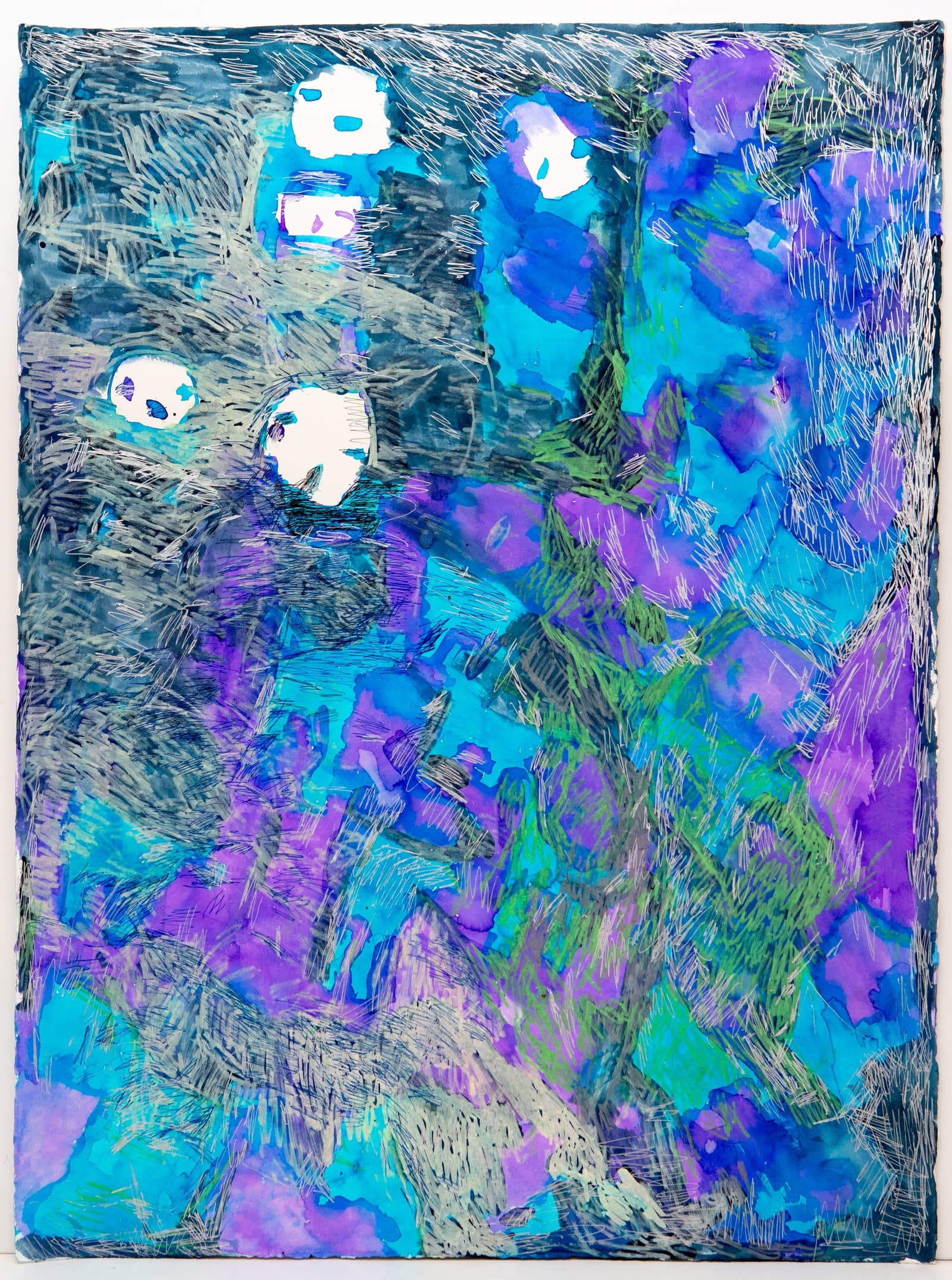 Abstract painting in ink and watercolor with layered blue, purple, and green washes overlaid with dense silver-white hatching marks.