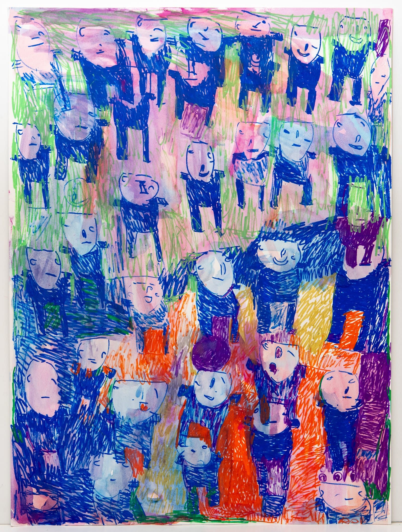 Ink and watercolor drawing densely packed with simplified human figures in blue, orange, and green on pink-washed paper.