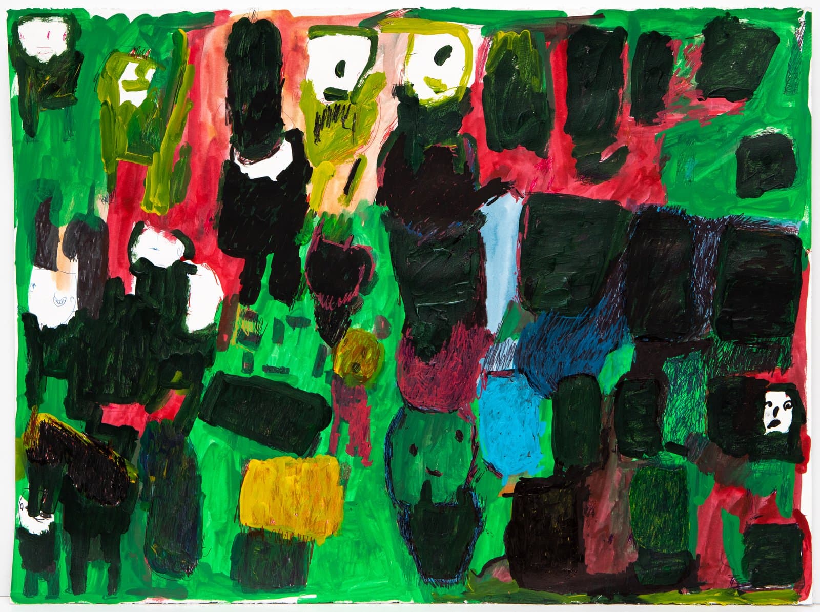 Figurative painting in ink and acrylic with dark figures on a vivid green and red background, with faces visible throughout.