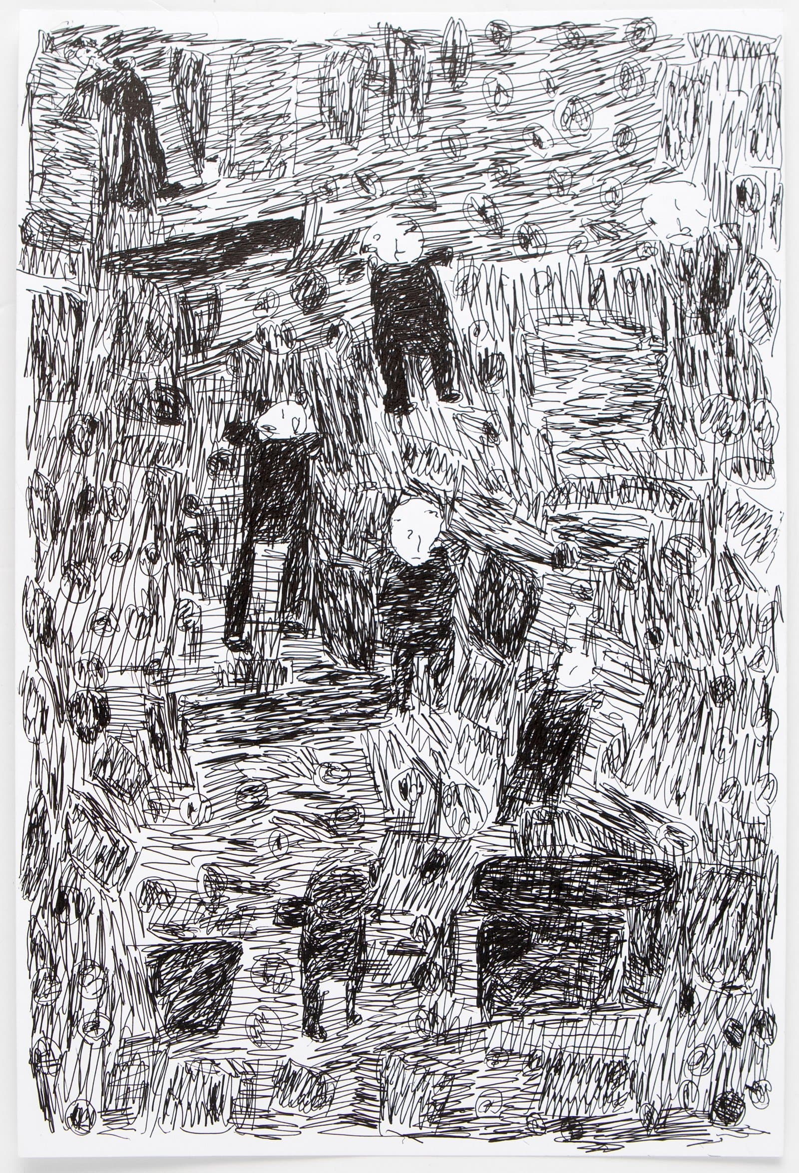 Black ink drawing on white paper depicting multiple human figures amid dense hatching, circular forms, and geometric sections.