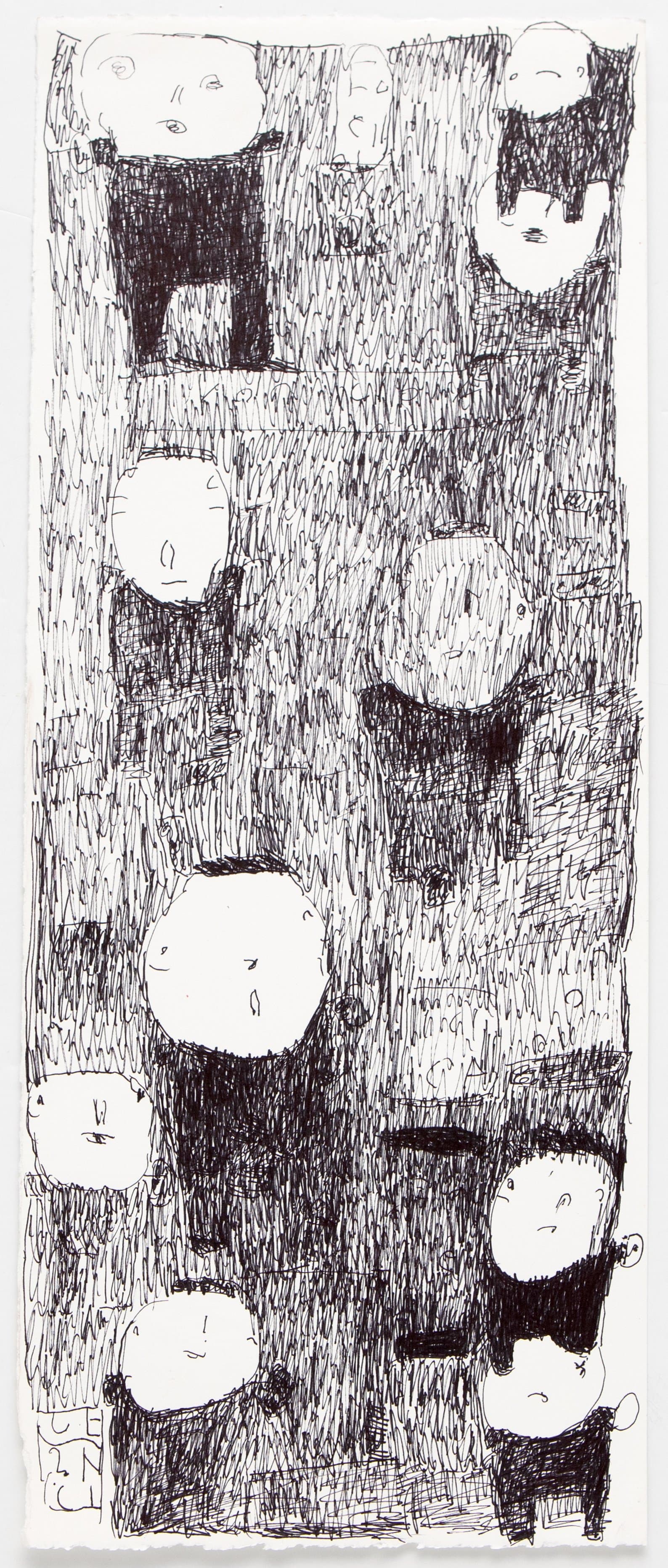 Black marker drawing on white paper featuring multiple simplified faces and figures arranged across a densely hatched surface.
