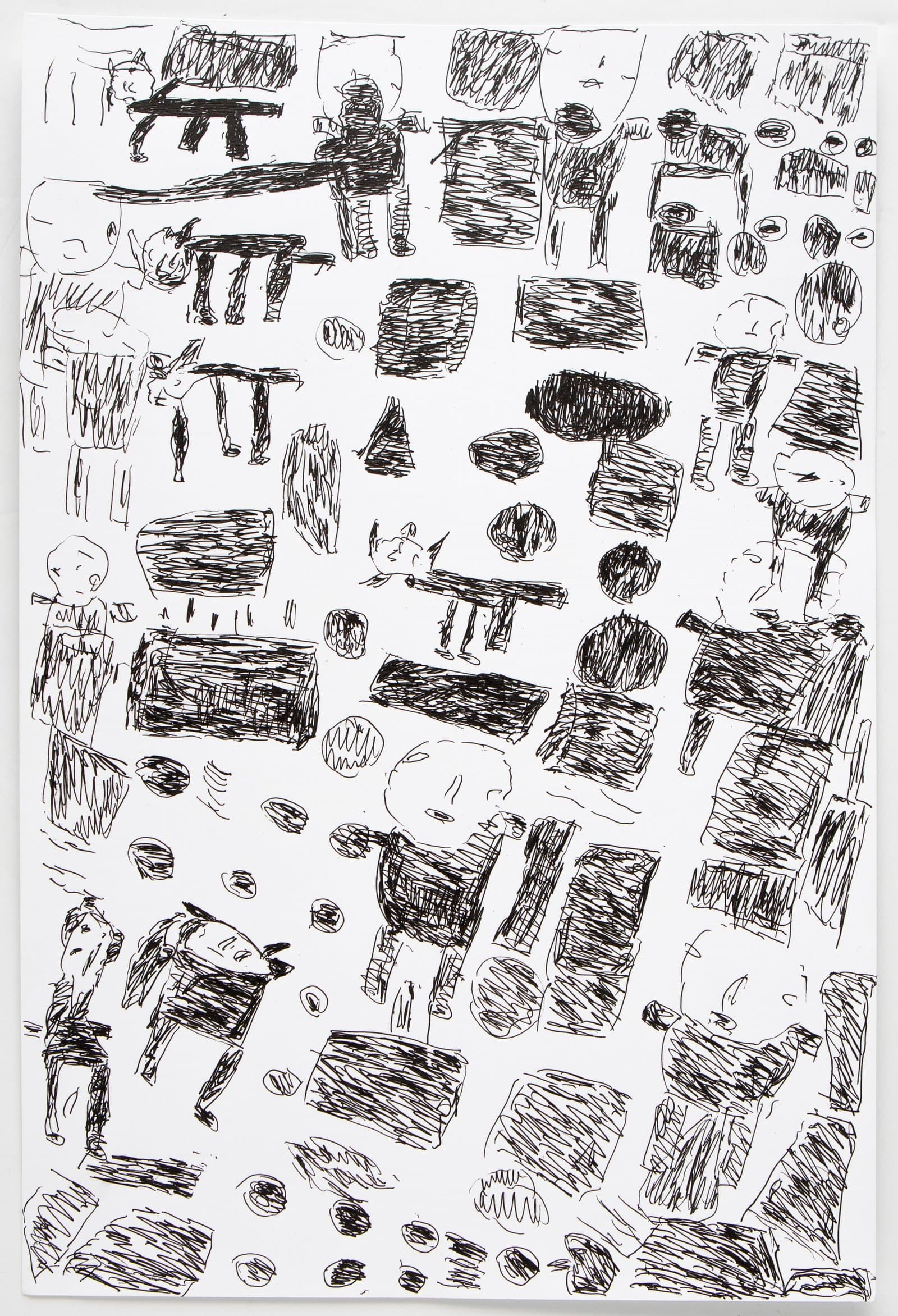 Dense black marker drawing on white paper filled with figures, furniture-like forms, circular shapes, and cross-like marks.