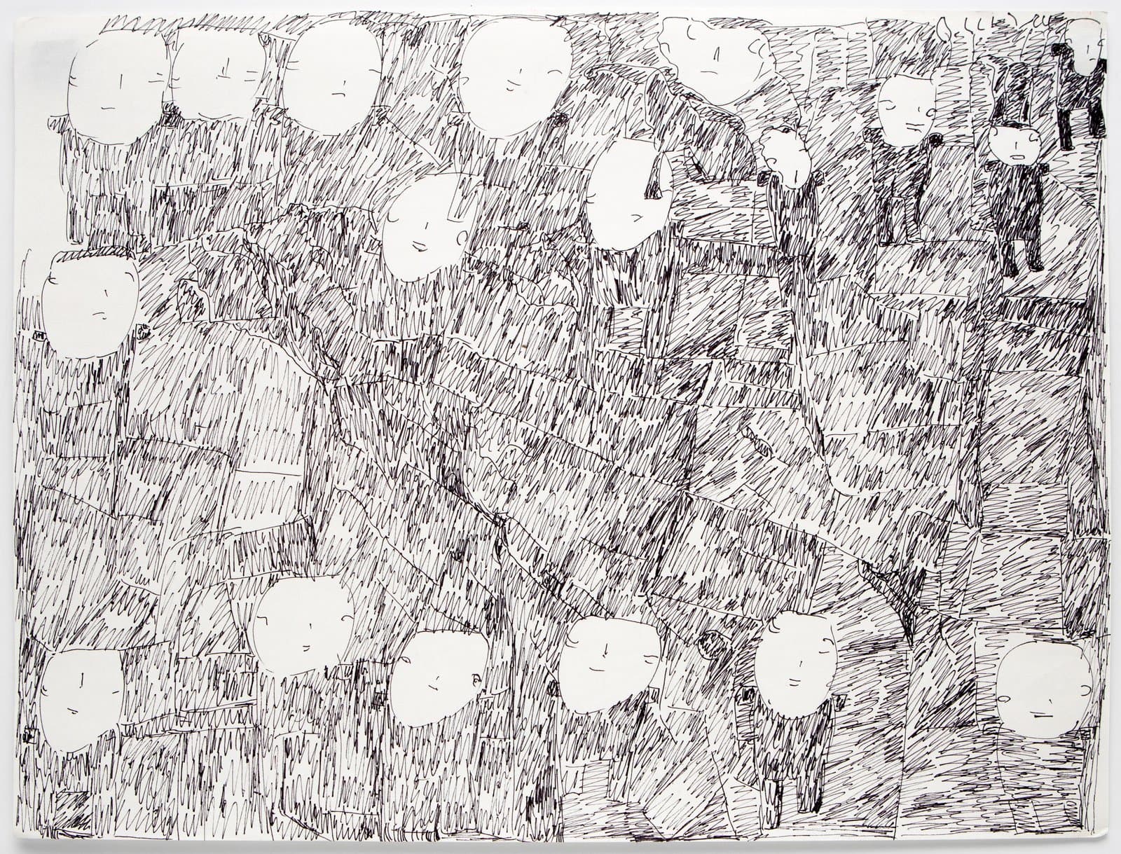 Dense pen and marker drawing on paper featuring numerous blank oval faces and standing figures amid heavy crosshatching.