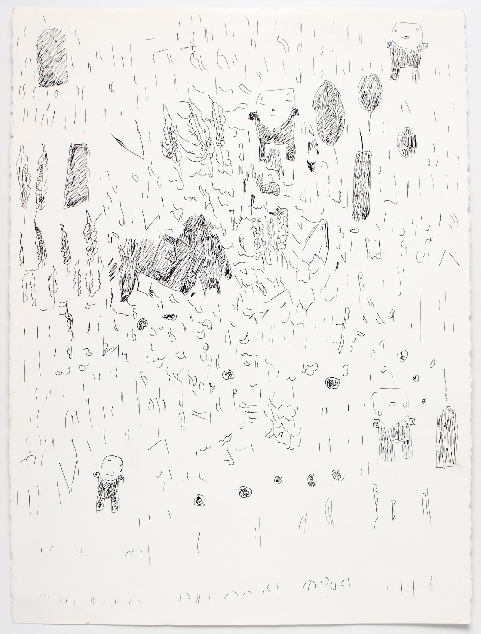 Black marker drawing on white paper with scattered figures, animals, trees, and a house amid dense hatching marks.