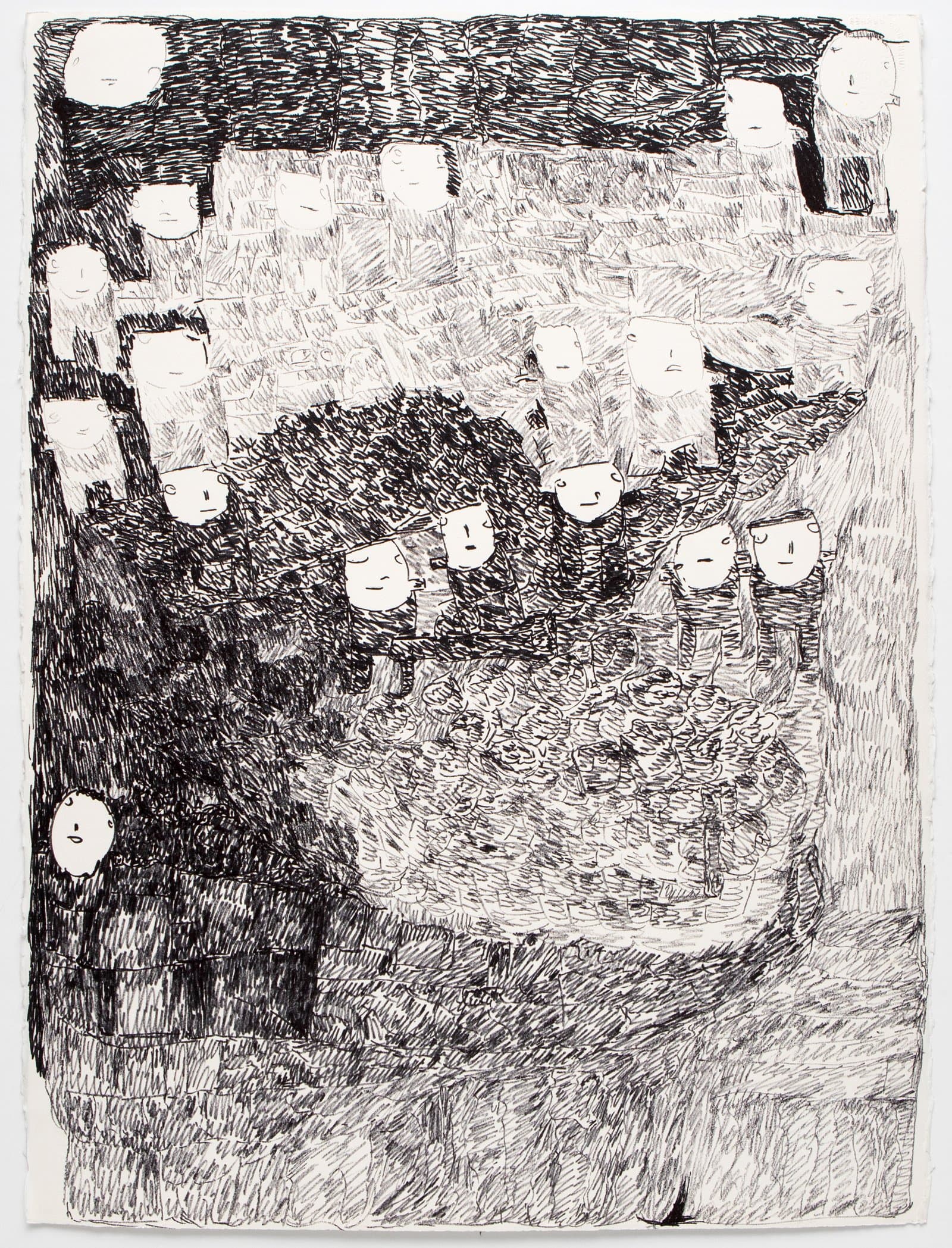 Black marker drawing on paper densely filled with crosshatching, featuring multiple small simplified human figures with rounded heads.