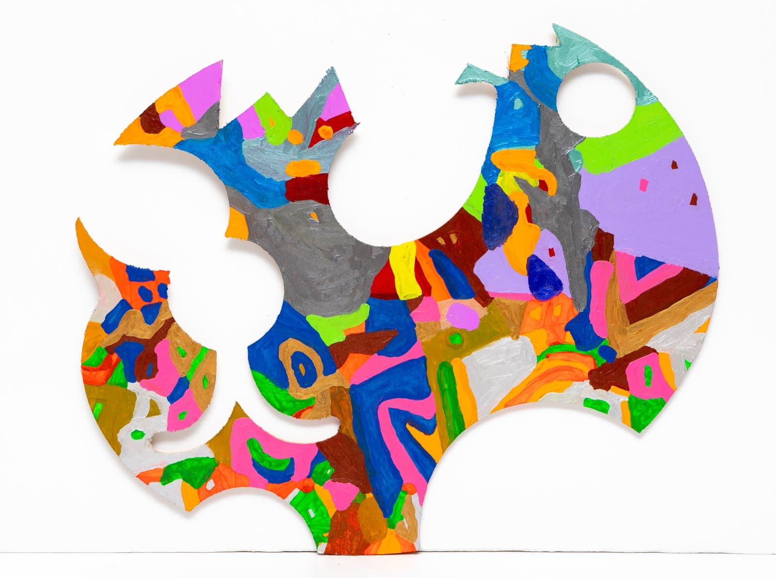 Shaped wood panel painted with dense abstract forms in vivid multicolored acrylics, featuring curved cutouts and irregular silhouette.