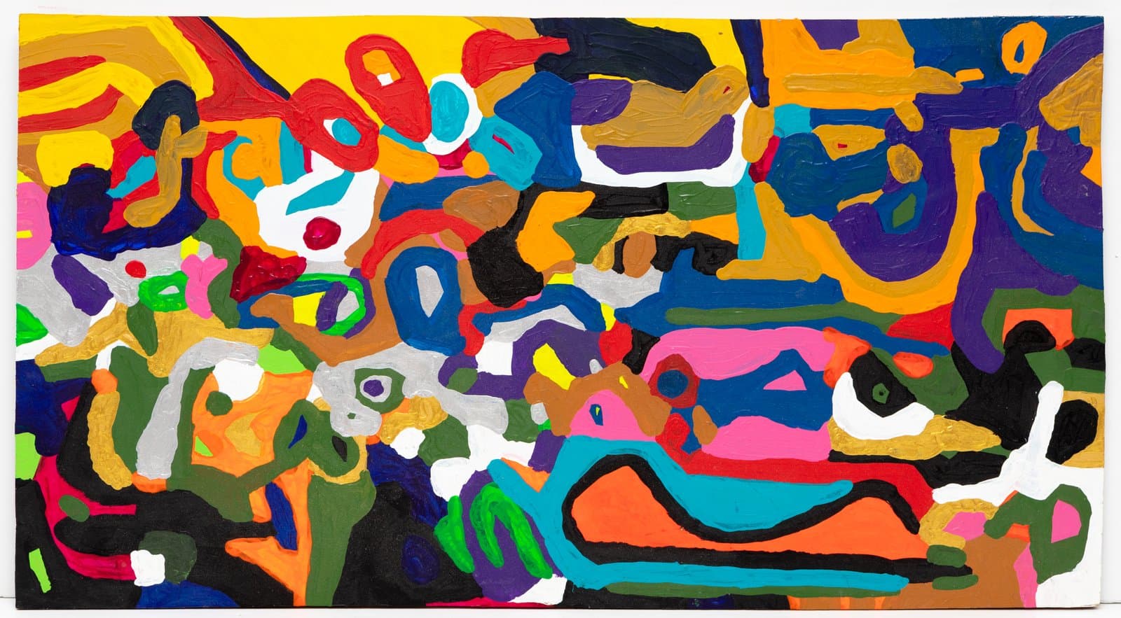 Abstract acrylic painting on wood with densely packed interlocking organic shapes in bold primary and secondary colors on a yellow ground.
