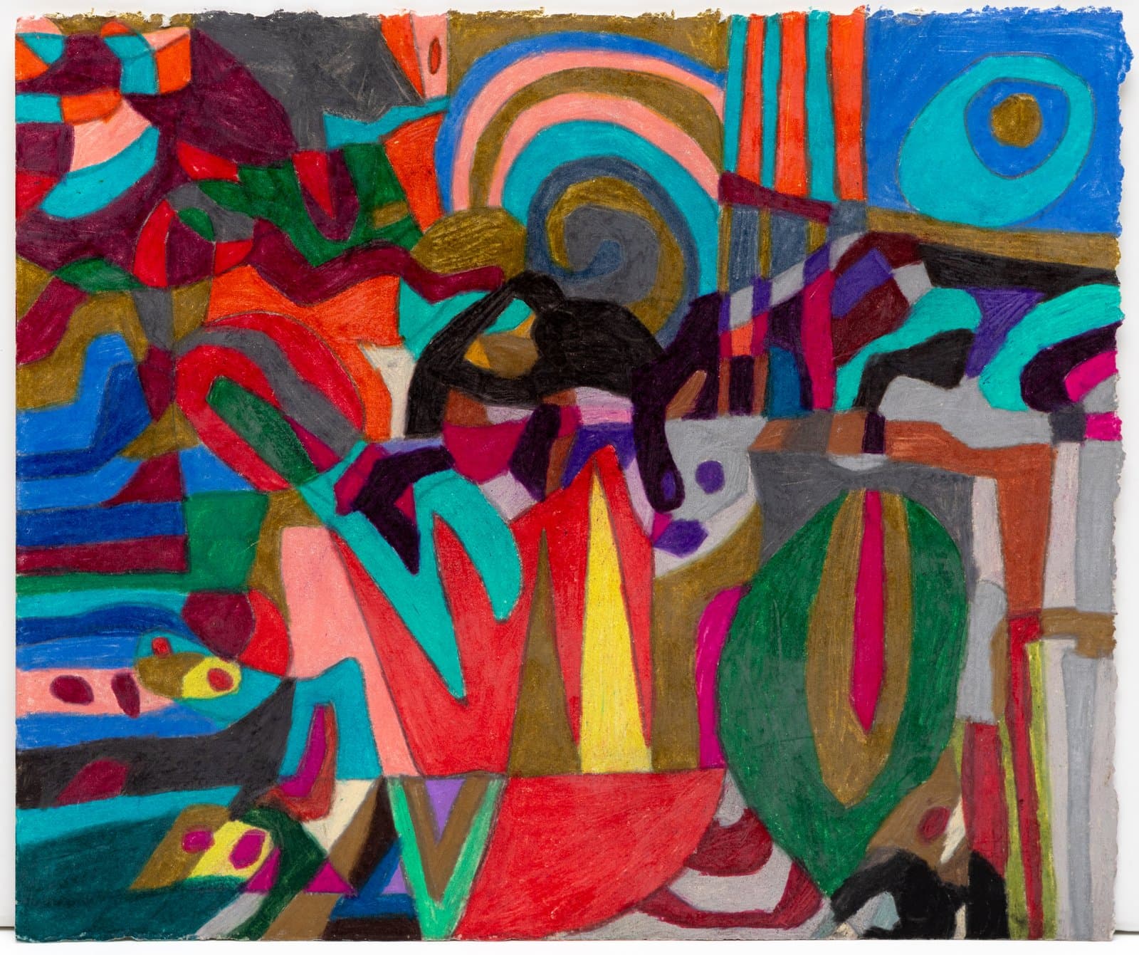 Abstract drawing in colored pencil with densely packed geometric and organic forms in red, teal, green, pink, and blue.