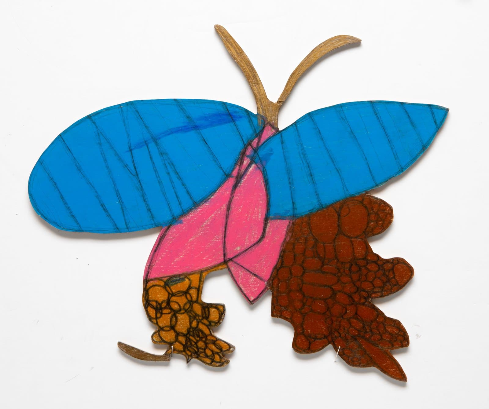 Cut-out wood butterfly with blue wings, pink body, rust and orange textured lower sections, drawn with colored pencil.