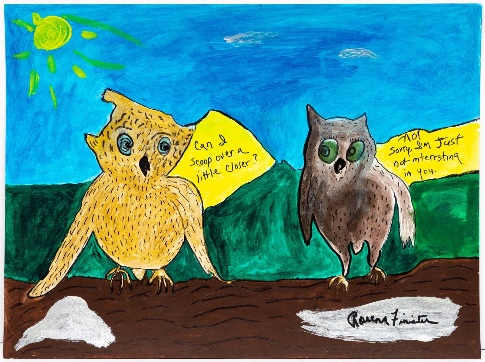 Acrylic painting of two owls on a brown surface with speech bubbles, set against a blue sky and green mountains.