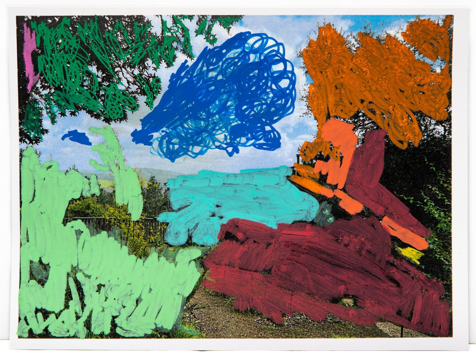Acrylic paint applied over a found landscape photograph, with bold gestural marks in green, blue, orange, teal, and dark red.