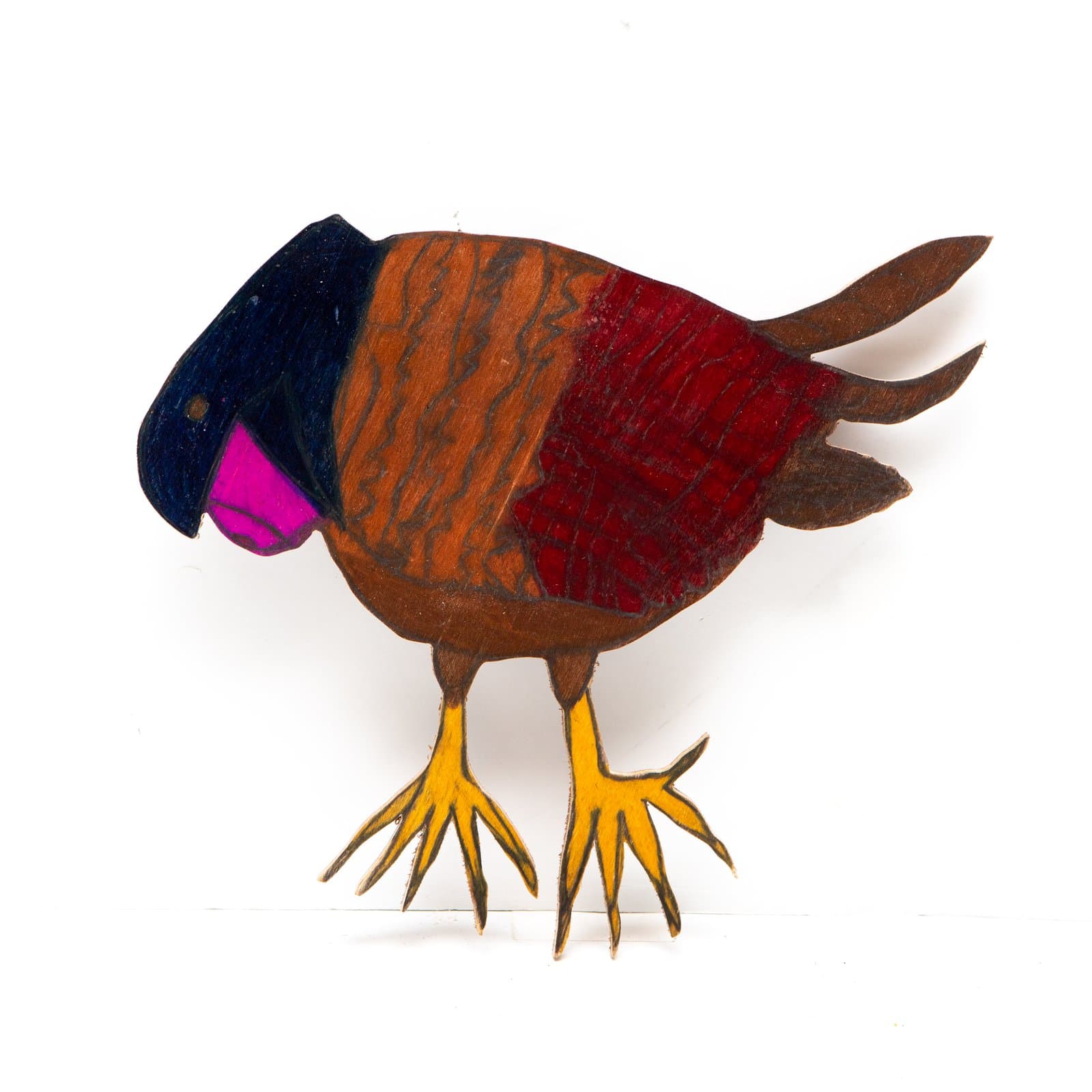 Cut-out wood sculpture of a bird in oil pastel, featuring brown, red, navy, and magenta tones with yellow clawed feet.