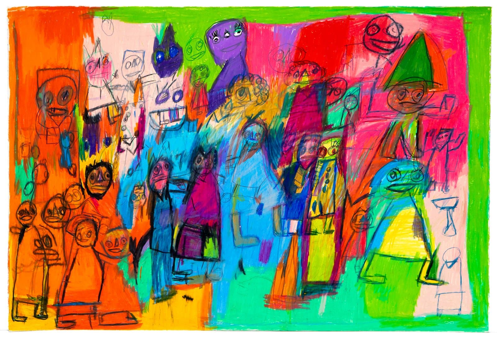 Densely layered drawing of crowd figures in vivid orange, blue, green, red, and purple using Prismastix on paper.
