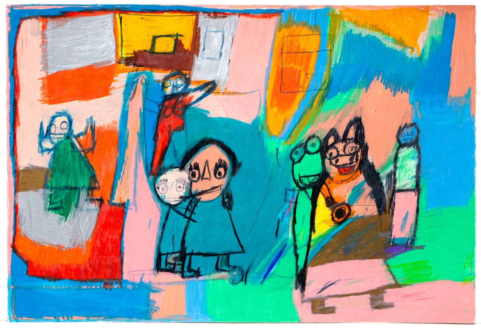 Figurative mixed-media drawing with cartoon-like human and animal figures on a vibrant pink, orange, teal, and blue background.