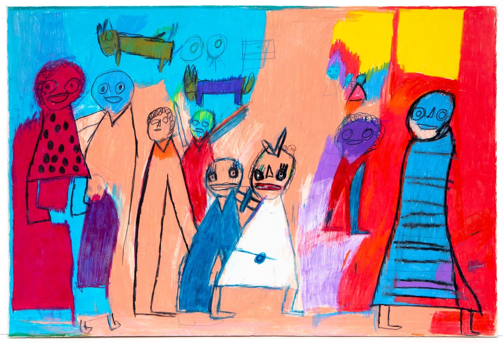 Colorful drawing of a crowd of stylized human and animal figures in Prismastix on paper, with bold outlines on a blue and orange background.