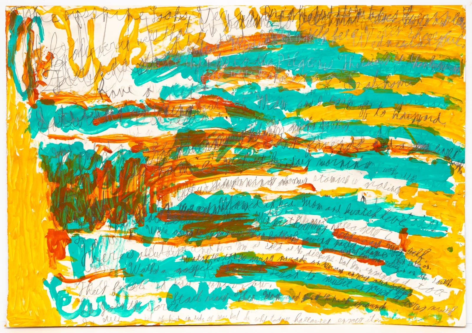 Abstract mixed-media work on paper with bold horizontal sweeps of teal and orange acrylic overlaid with dense pencil handwriting.