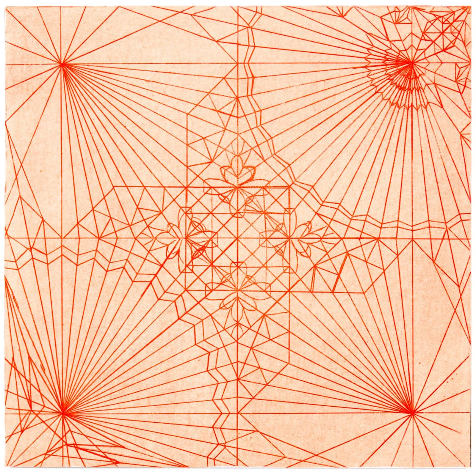 Geometric drawing in red ink on pale orange paper with radiating lines, angular polygons, and a floral motif at center.
