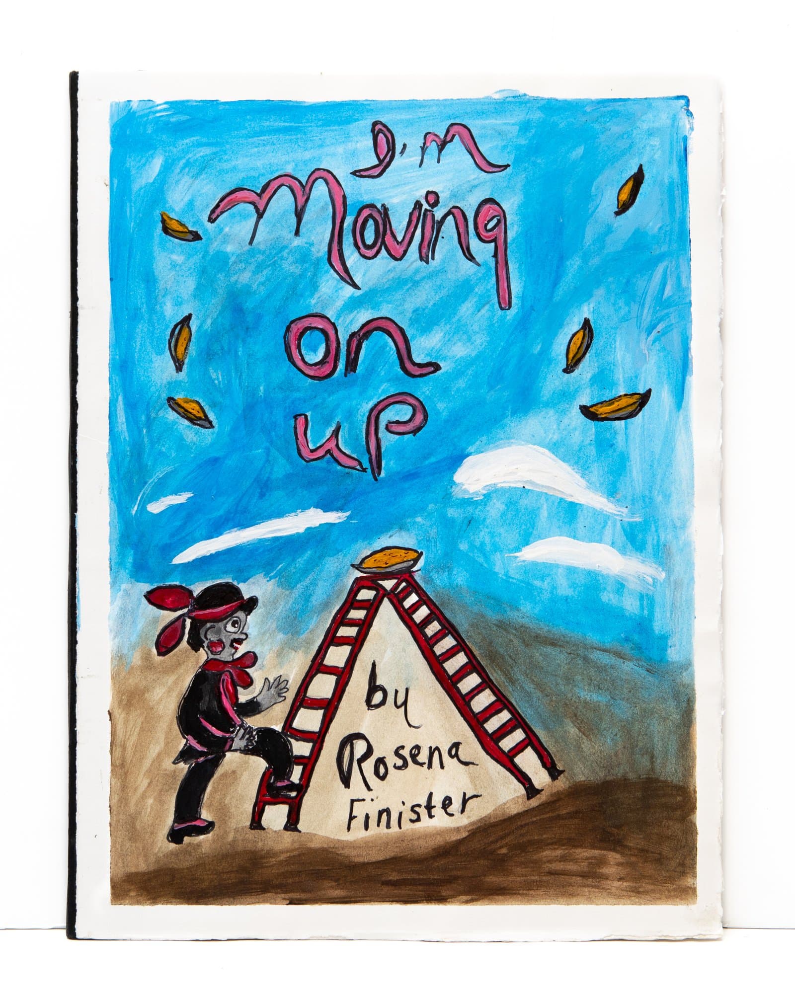 Handmade book cover with painted text 'I'm Moving On Up by Rosena Finister,' featuring a figure climbing a red ladder.