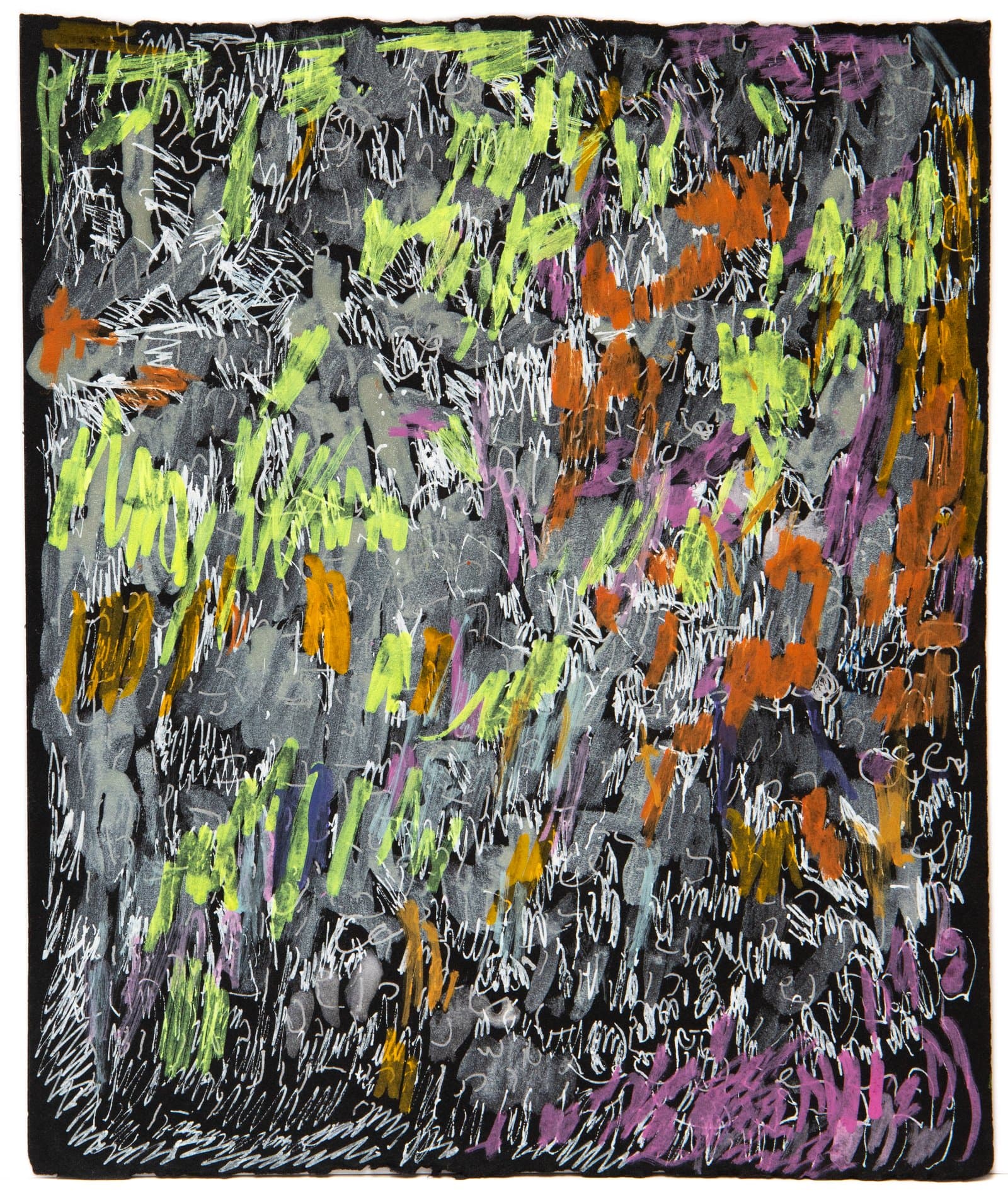 Abstract ink and acrylic on paper with dense layered marks in neon green, orange, purple, gold, and white on dark gray-black.
