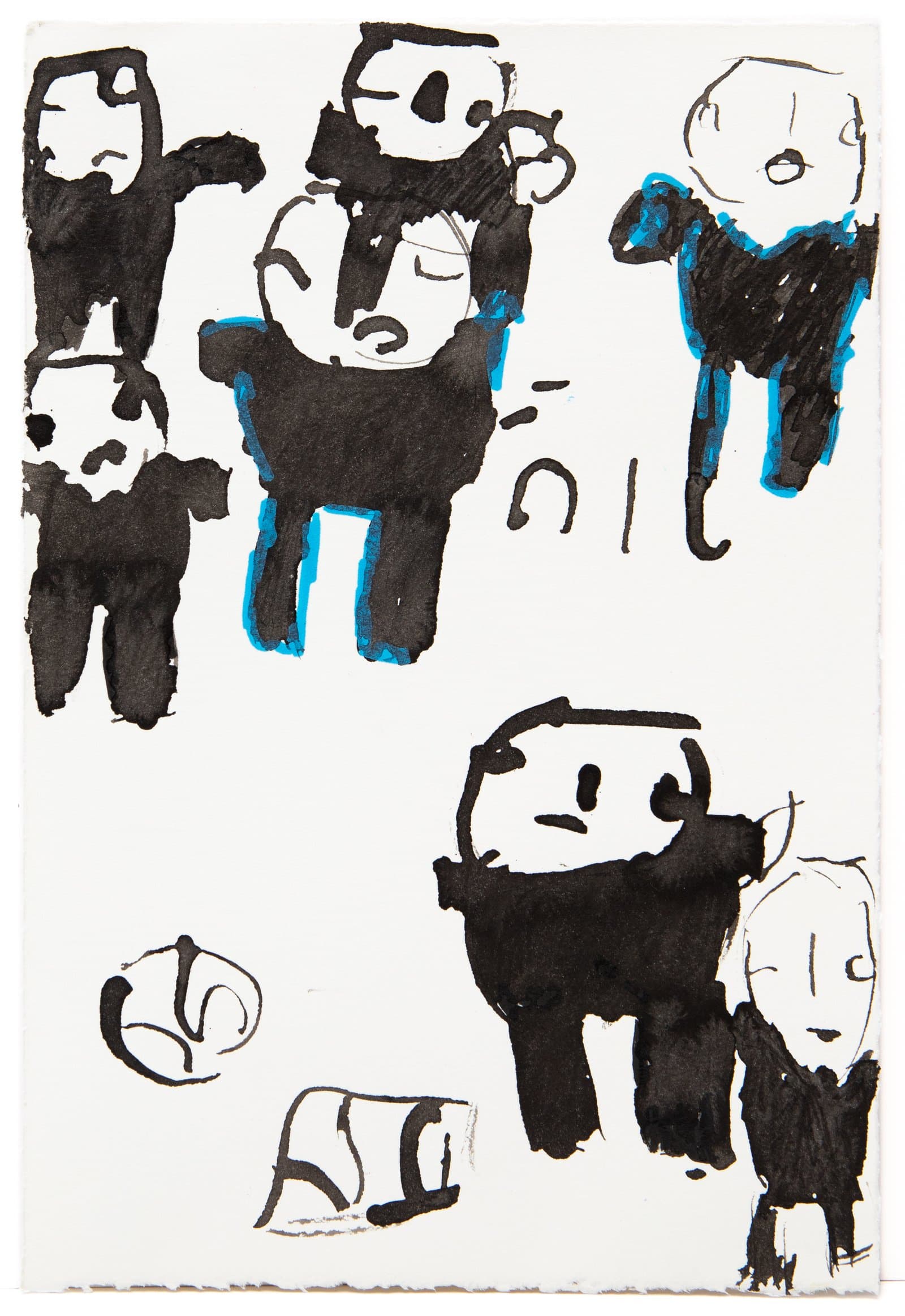 Ink and watercolor drawing of panda-like figures and human forms in black with bright blue accents on white paper.