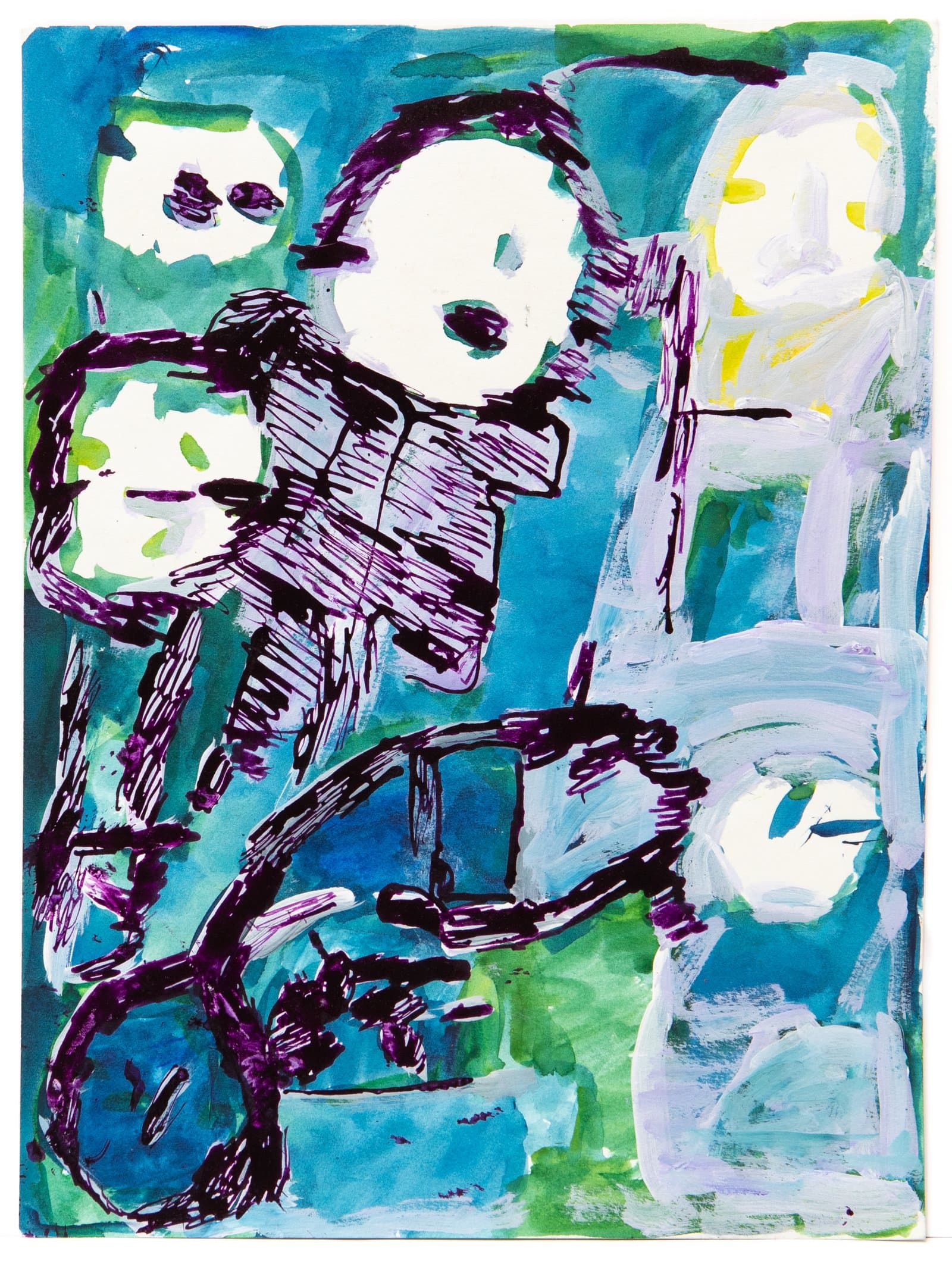Mixed media drawing of skeletal figures with round white heads on a blue-green background, rendered in marker and paint on paper.
