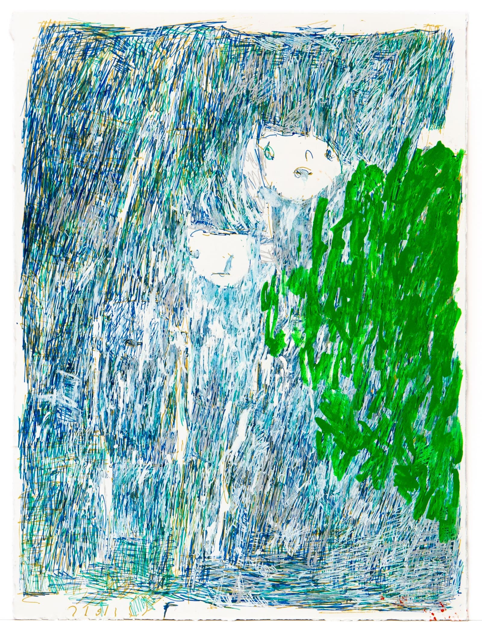 Ink drawing on paper featuring a simple face amid dense blue-green hatching marks, with a vivid green form on the right.