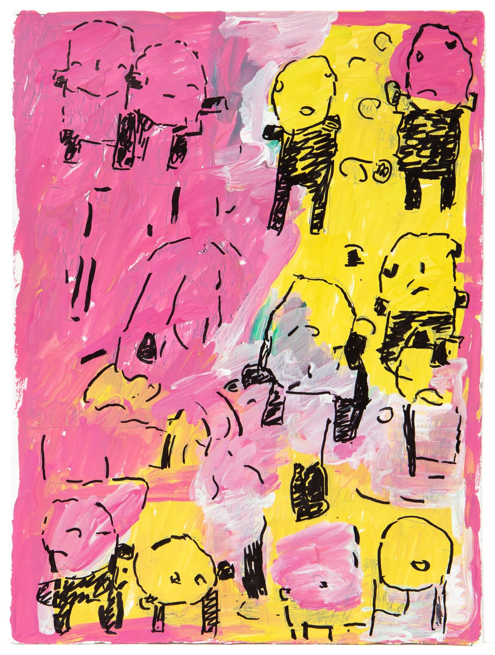 Acrylic and ink painting of multiple schematic figures in black outline on a vivid pink and yellow background.