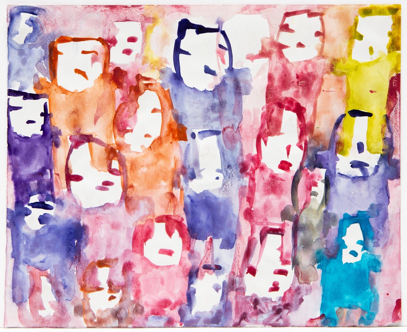 Watercolor painting featuring rows of simplified human figures with white face-shaped voids in purple, orange, pink, and blue.