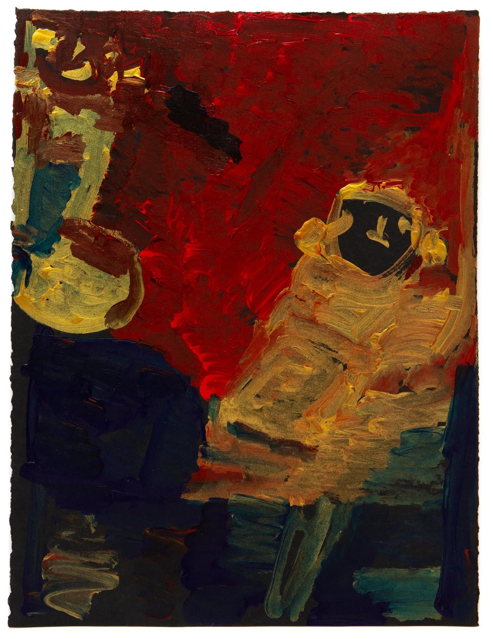 Expressionist acrylic painting of a seated figure in gold and tan against a vivid red background, with dark foreground.