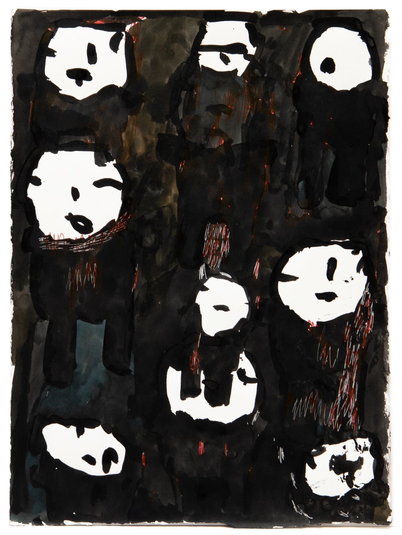 Ink and watercolor painting of multiple simplified white faces with dark features crowded against a black background.