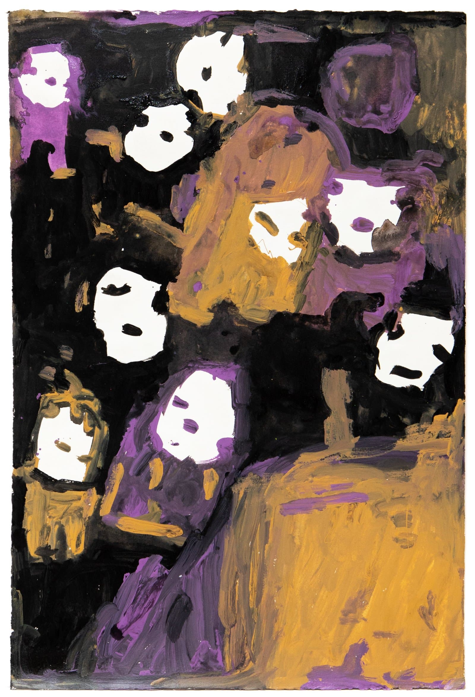Abstract acrylic painting with multiple white oval face-like forms scattered across a black, purple, and golden yellow ground.