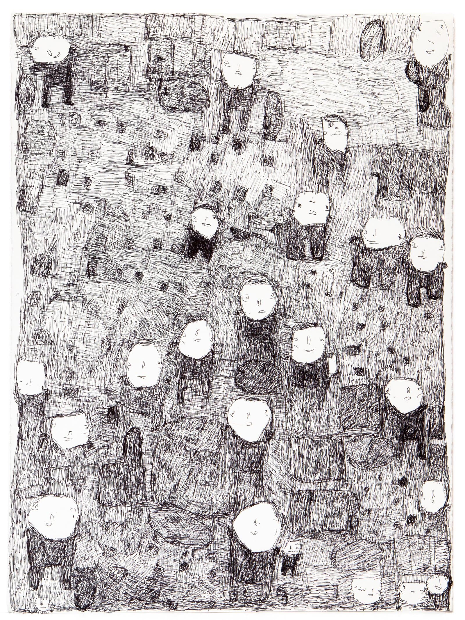 Dense ink drawing on paper featuring numerous simplified human figures with round white heads amid heavy crosshatched texture.