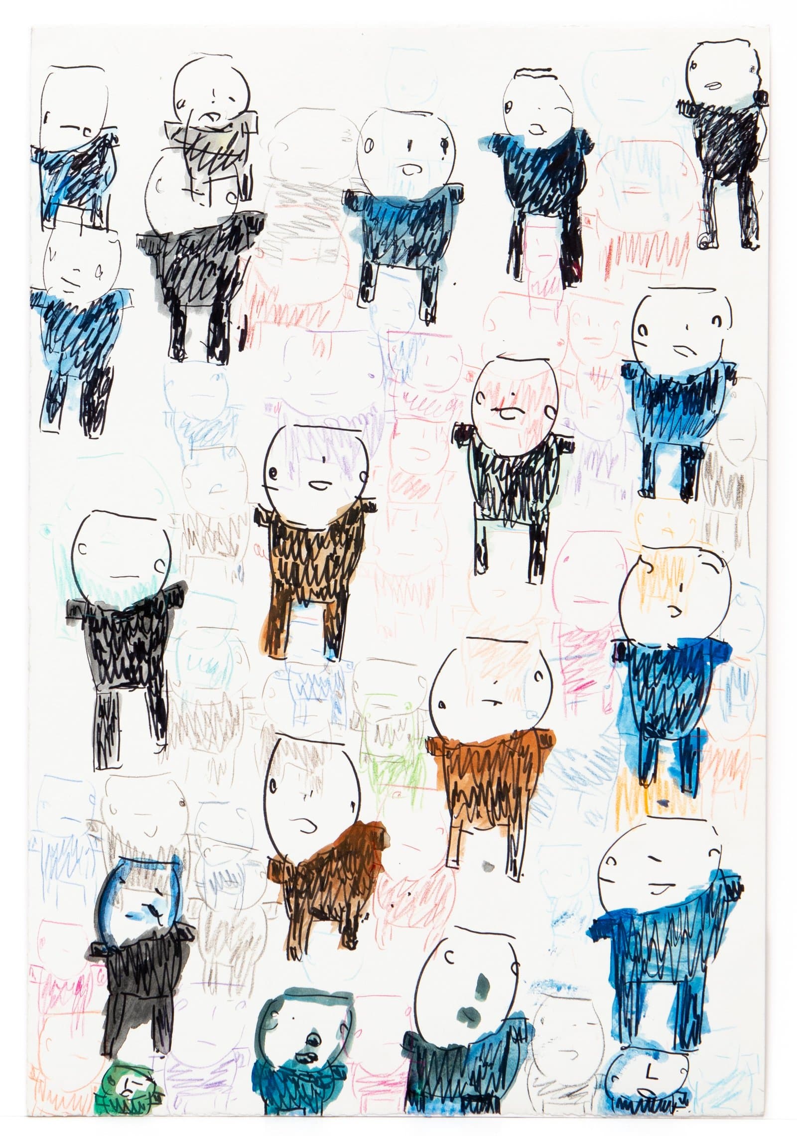 Ink drawing on white paper densely populated with small rounded figures wearing textured garments in black, blue, and brown.