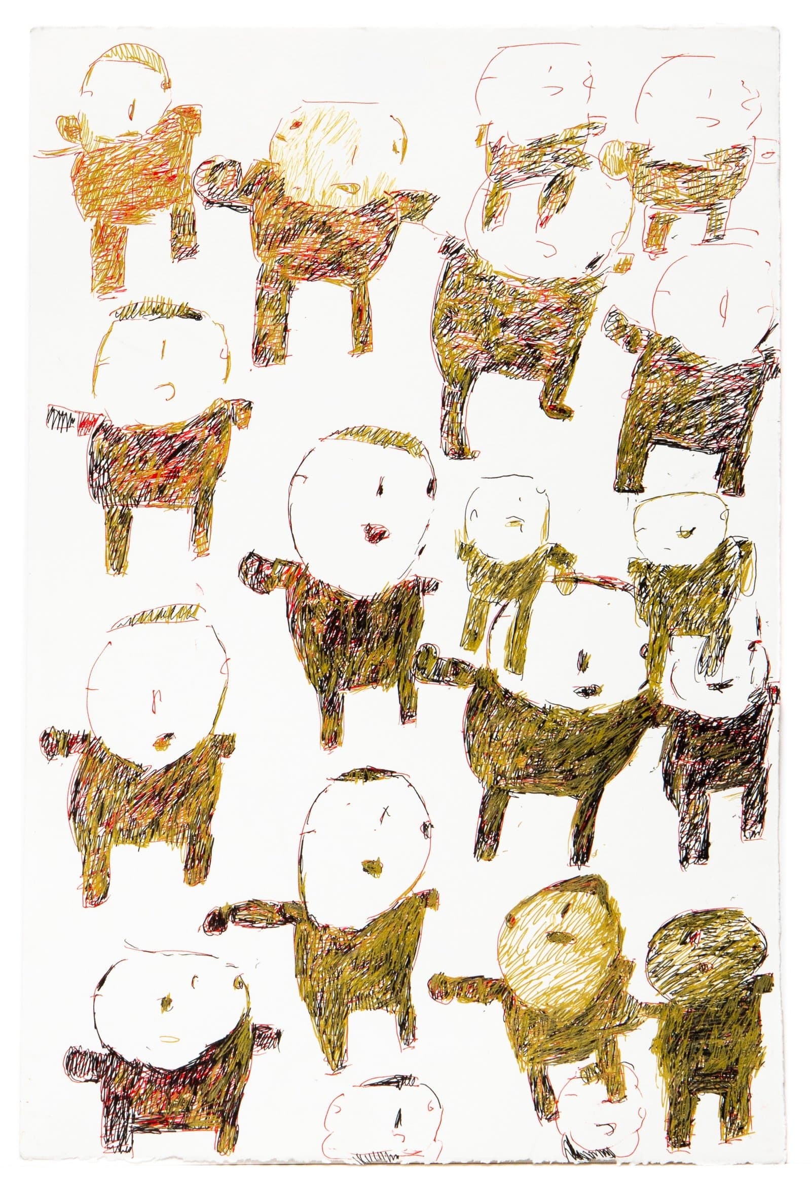 Ink drawing on white paper featuring multiple small figures with round heads and stocky bodies in olive, orange, and red.