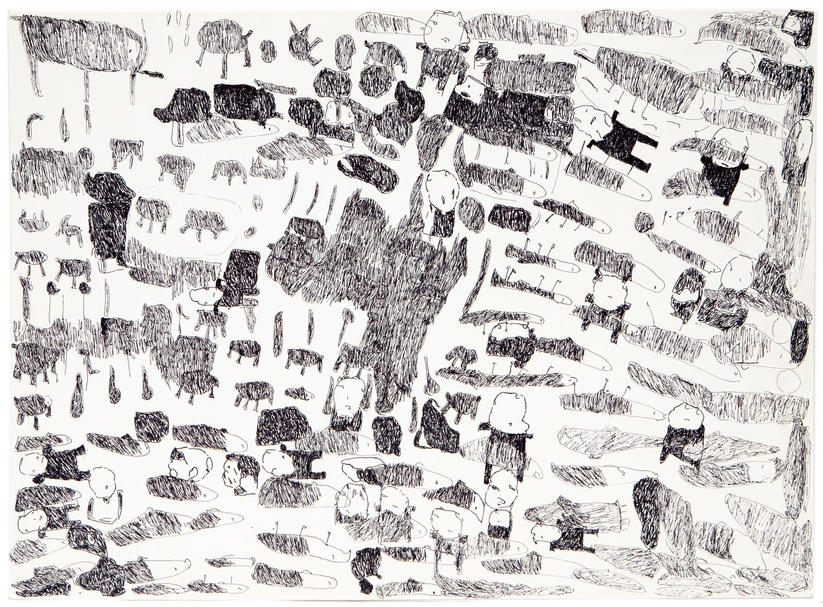 Dense ink drawing on white paper filled with numerous small animals, primarily sheep and cattle, rendered in black hatching.