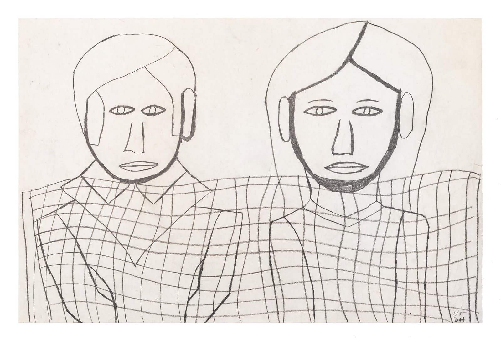 Graphite drawing of two figures in suits with geometric crosshatch patterns on cream-colored paper.