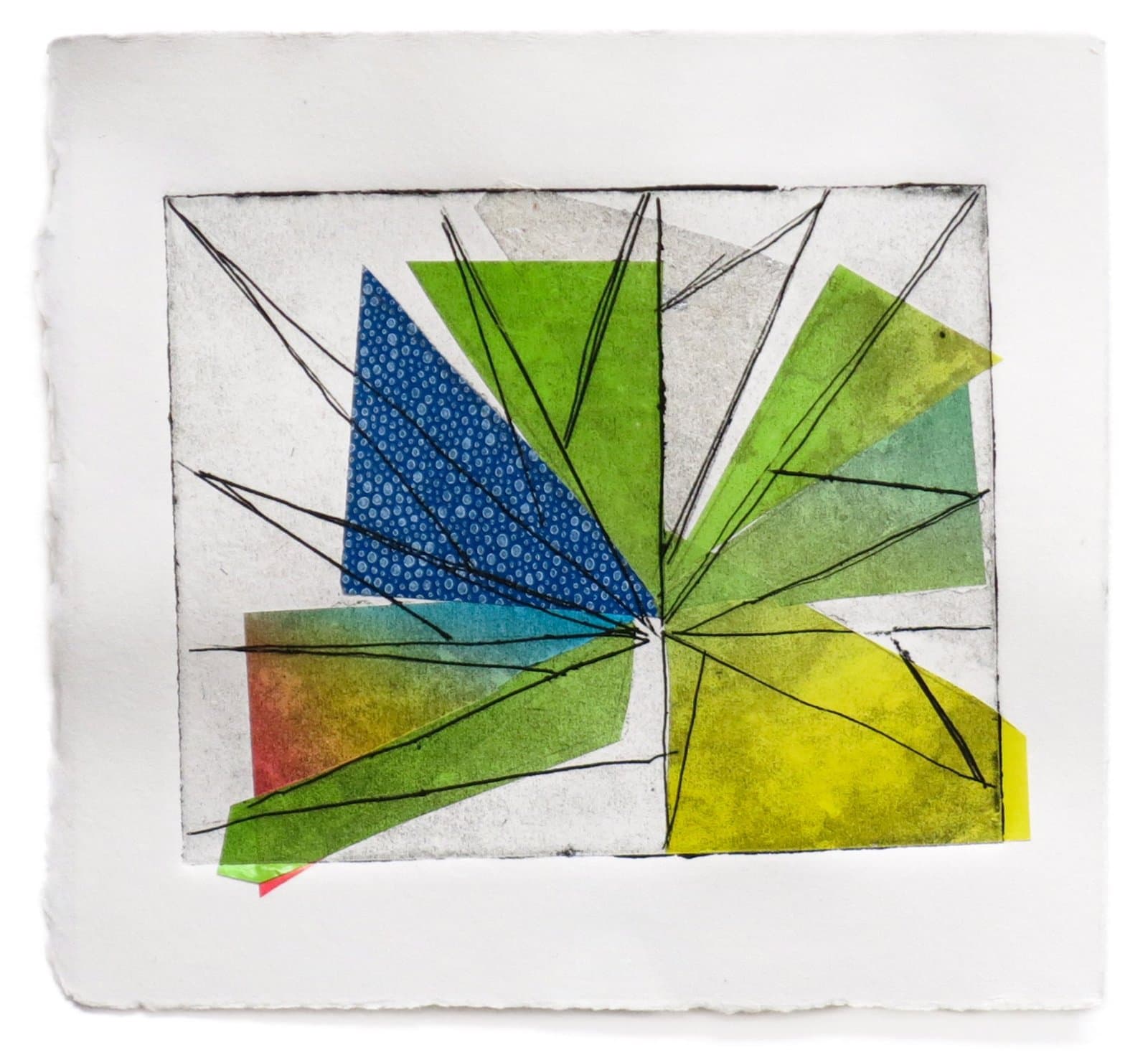 Abstract geometric etching with radiating triangular segments in blue, green, and yellow watercolors on white paper