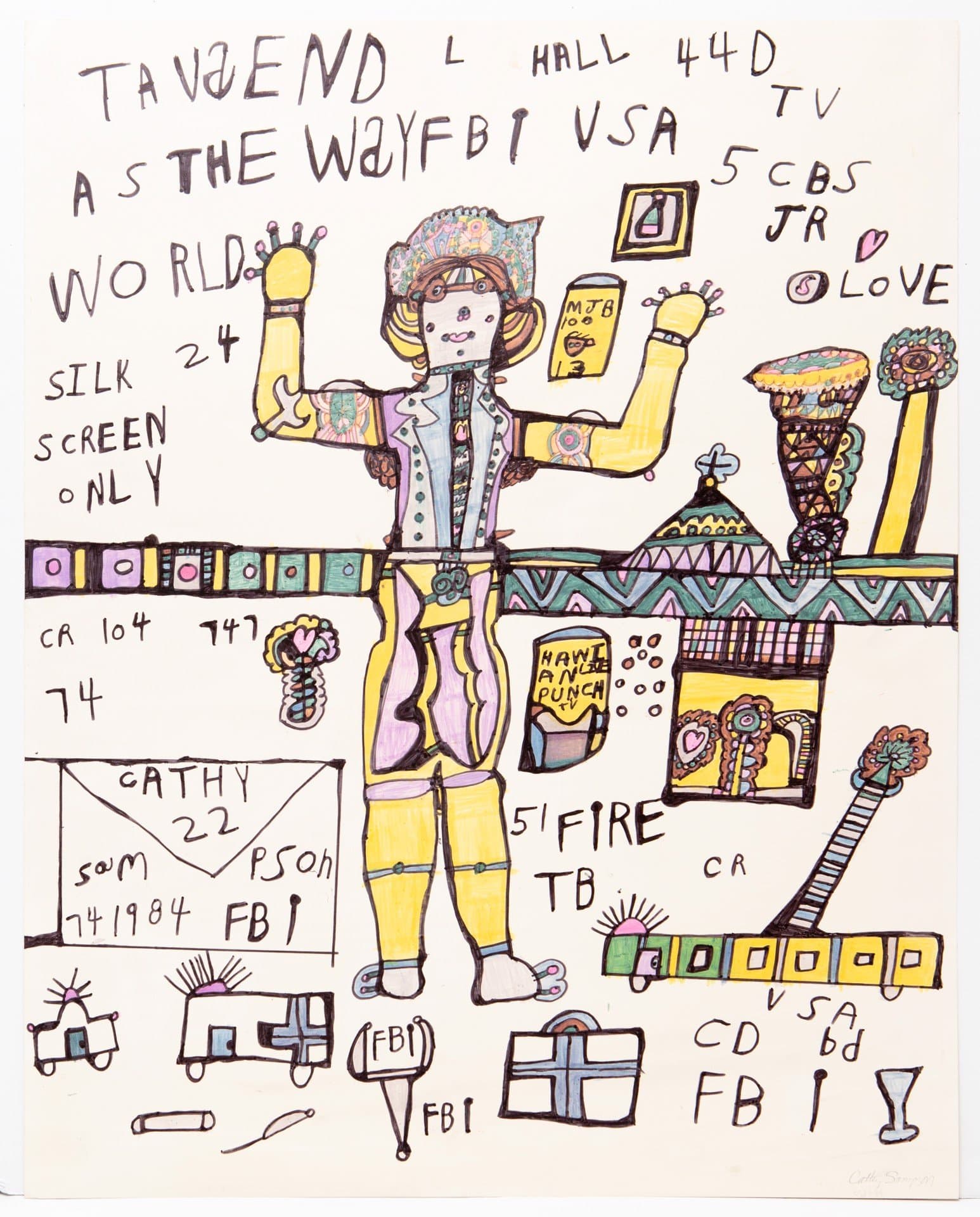 Mixed media drawing with central figure in colorful outfit surrounded by text, symbols, and geometric patterns