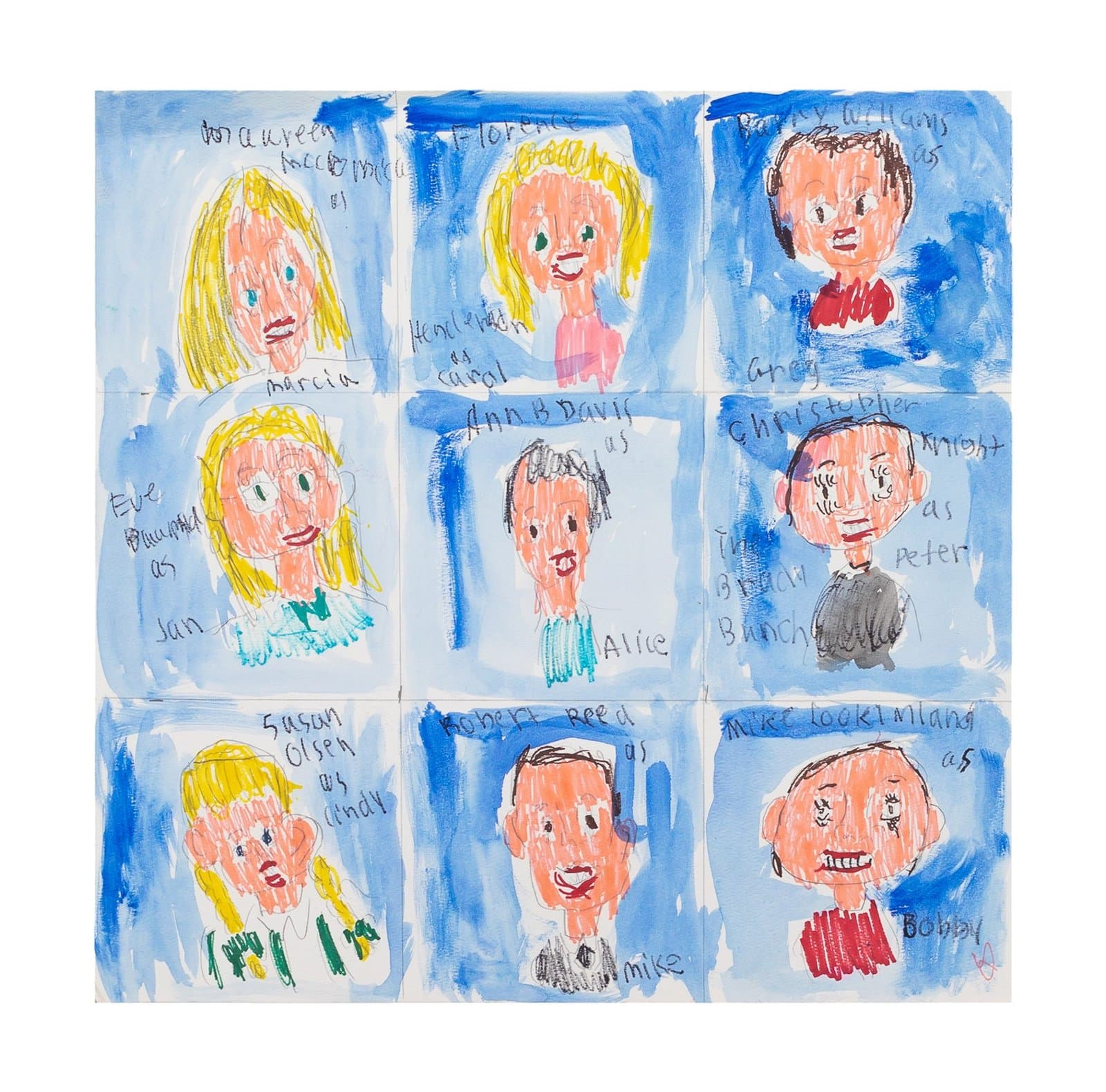 Grid of nine portrait drawings in watercolor and ink showing faces with names written above each figure on white paper.