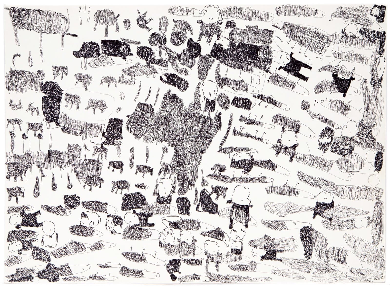 Black ink drawing on white paper showing scattered abstract shapes and hatched areas across the composition