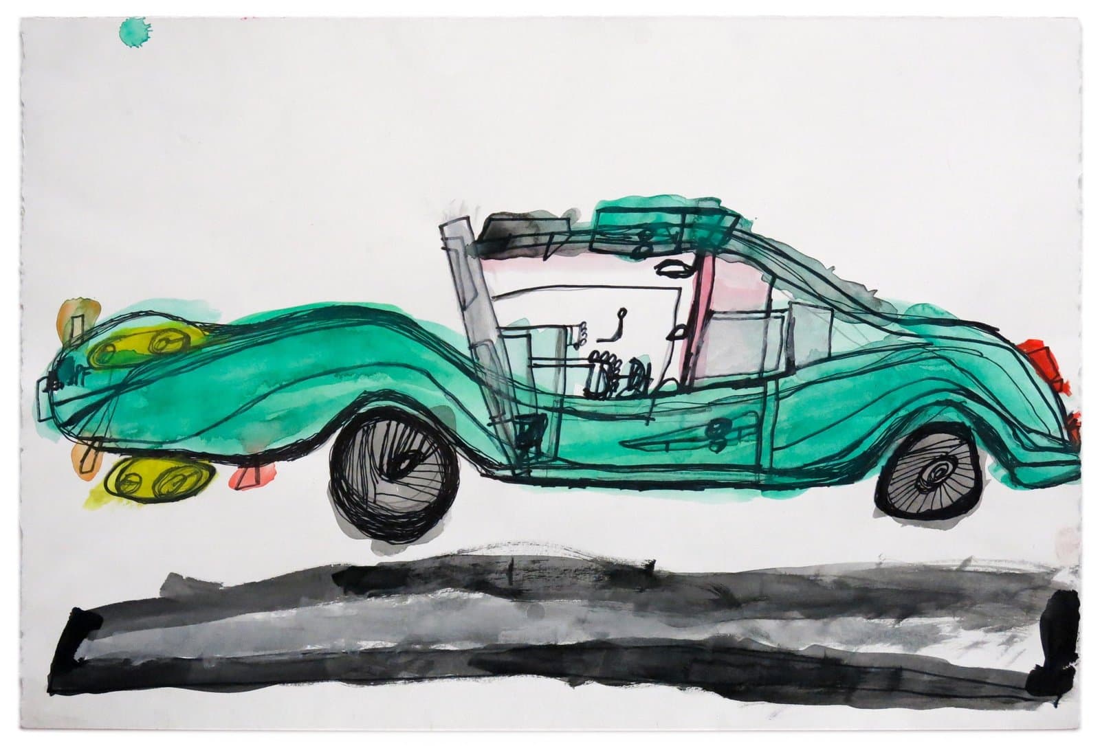 Mixed media drawing of green vintage convertible car with black ink and watercolor on white paper