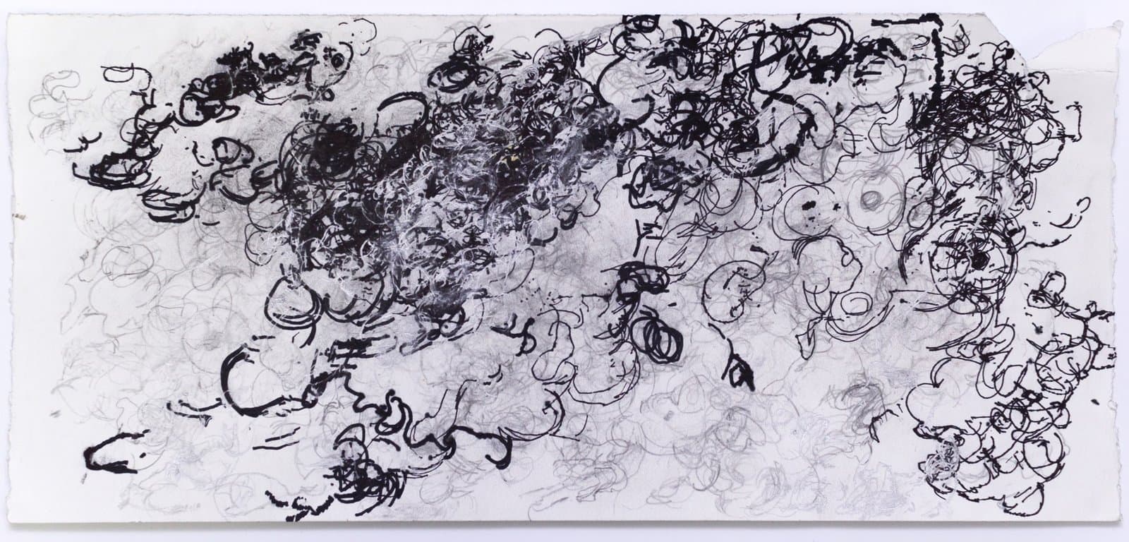 Abstract drawing with flowing black ink lines and circular forms on light purple-tinted paper