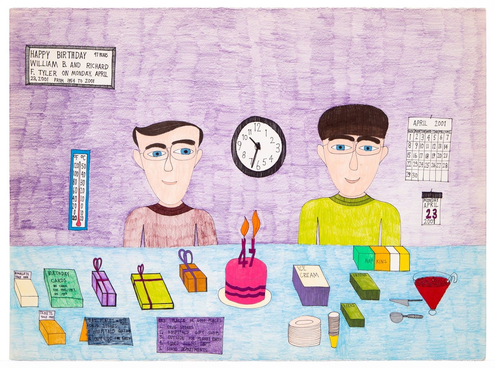 Colored pencil drawing depicting two men at birthday party with cake, gifts, and calendar showing April 2001.