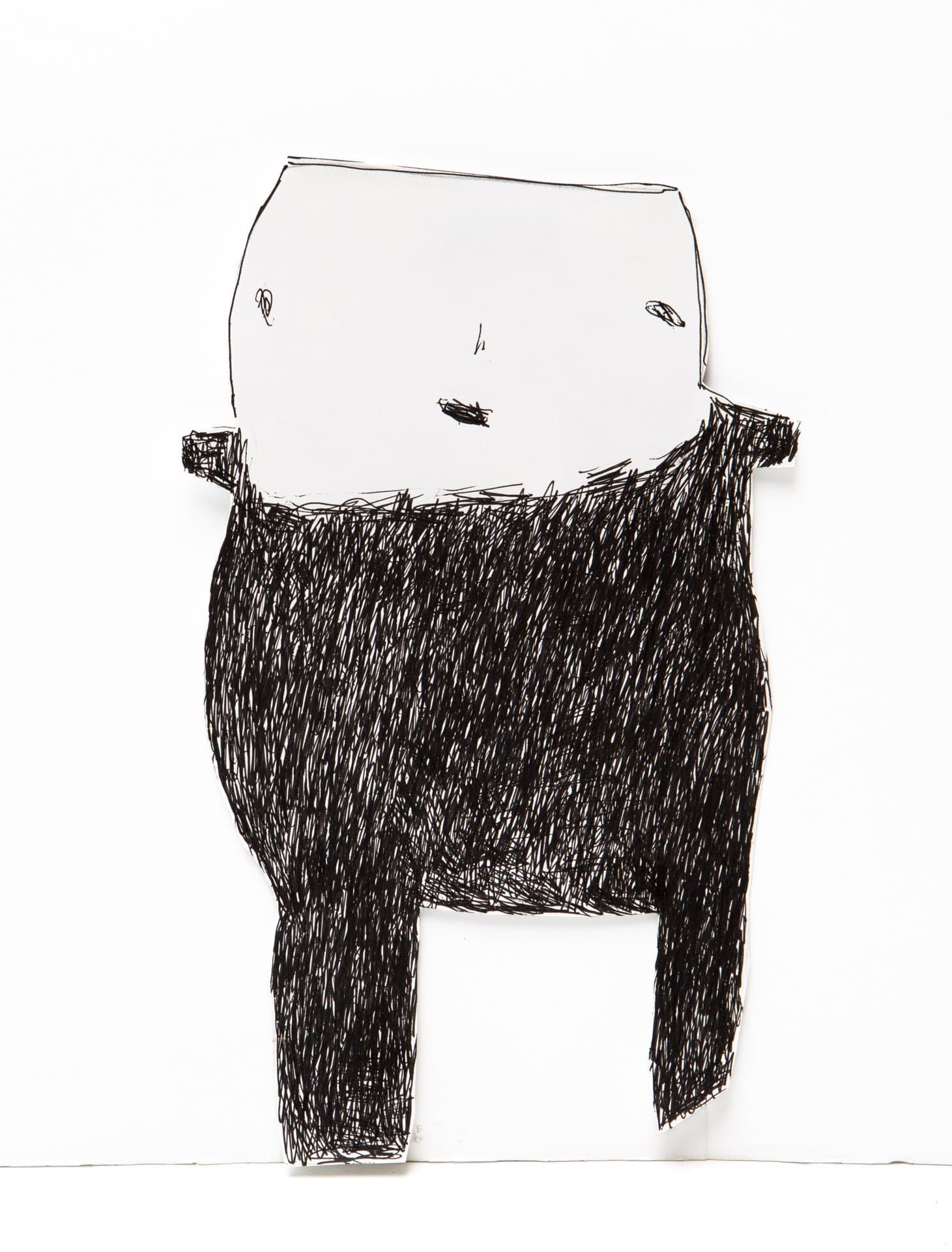 Ink drawing of a figure with rectangular white head and dense black scribbled body with extended arms on white paper.