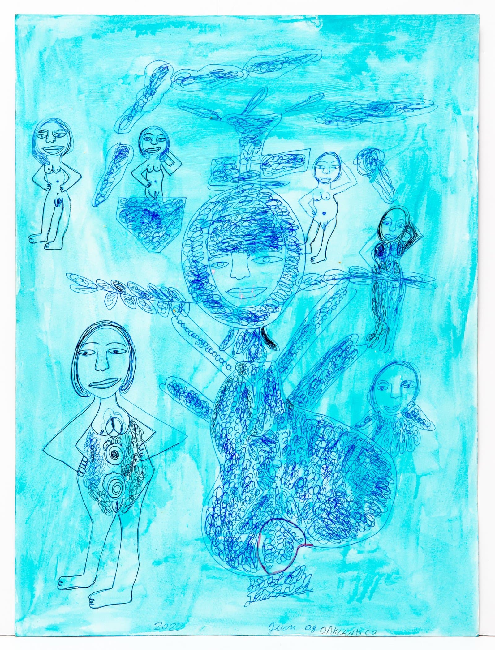 Watercolor and ink drawing featuring multiple human figures and dragonflies in blue tones on aqua-washed paper.